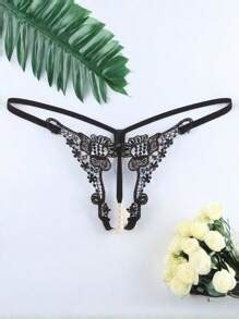 Sexy Lingerie Bead Sexy Open Crotch Thong Pearl Massage Embroidered Underwear For Women Hollow