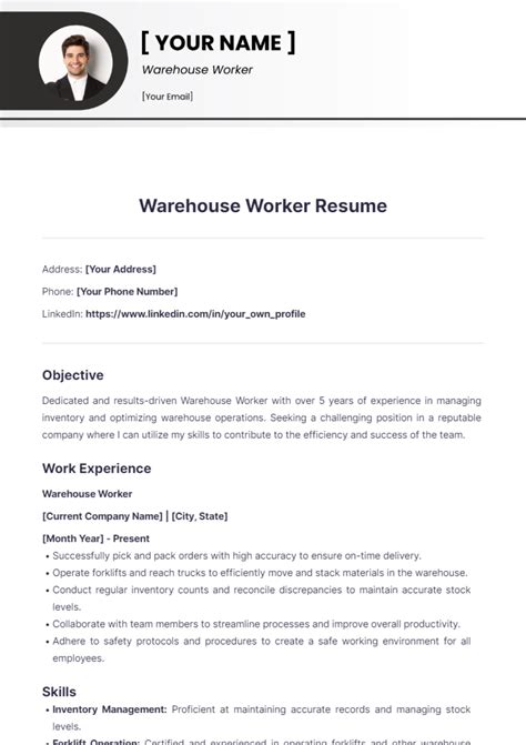 Warehouse Worker Resume - Edit Online & Download Example | Template.net