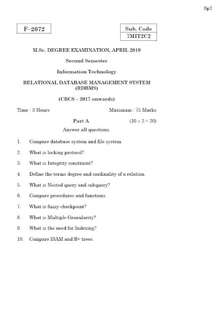 Alagappa University M Sc It Relational Database Management System Rdbms April 2019