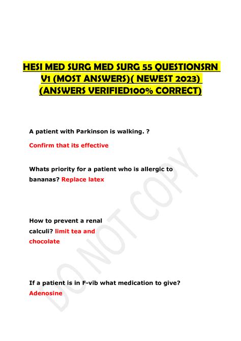 HESI MED SURG MED SURG 55 QUESTIONS RN V1 MOST ANSWERS NEWEST 2023