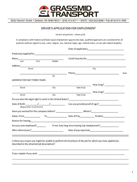 Fillable Online Drivers Application For Employment Griffin Logistics