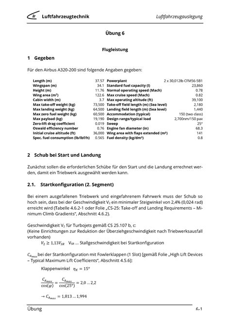 Uebung 6 Flugleistungen Loesung Bung 6 Flugleistung 1 Gegeben F R