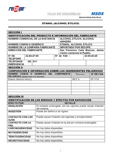 Etanol Hoja De Seguridad