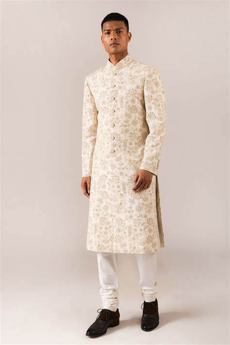 Buy Beige Silk Embroidered Floral Motifs Sherwani Set For Men By Dhruv