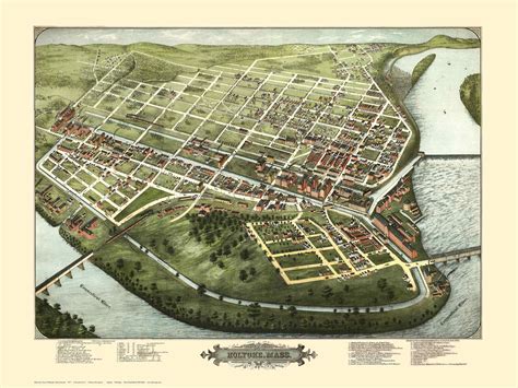 Holyoke Massachusetts 1877 Birds Eye View Old Map Reprint Old Maps