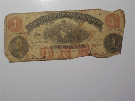 Civil War Confederate 1862 1 Dollar Bill Virginia Treasury Note Paper Money Antique Price