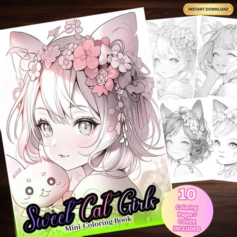 Cat Girls Cat Ears Coloring Book Fantasy Coloring Anime Art Printable