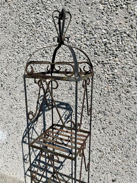 Vintage Black Wrought Iron Bird Cage Top Plant Stand Estatesales Org