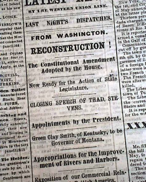 14th Fourteenth Amendment Pass Congress Civil War Reconstruction 1866 Newspaper Ebay