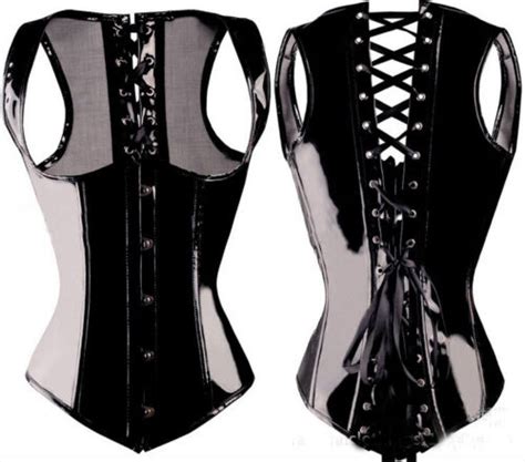 Black Burlesque Costume Corset Basque Cincher Lingerie Bustier Faux Leather PVC EBay