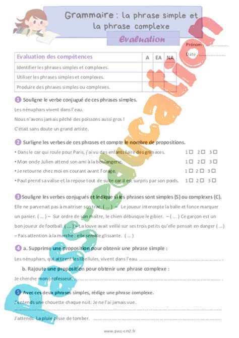 Evaluation Phrase Simple Et Complexe Cm Bilan Et Controle Corrig