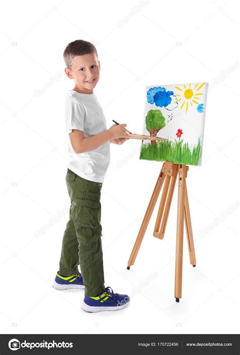 Talented boy painting on canvas against white background — Stock Photo ...