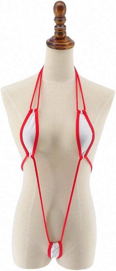 Amazon Tinpia Womens White Sling Shot Micro Bikini Teardrop Thong G String Red Cord String