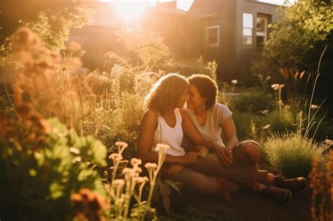 Premium AI Image Biracial Lesbian Couple Sitting And Embracing In Garden At Sunset