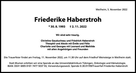 Trauer Friederike Haberstroh 05 11 2022 Teckbote Trauerportal