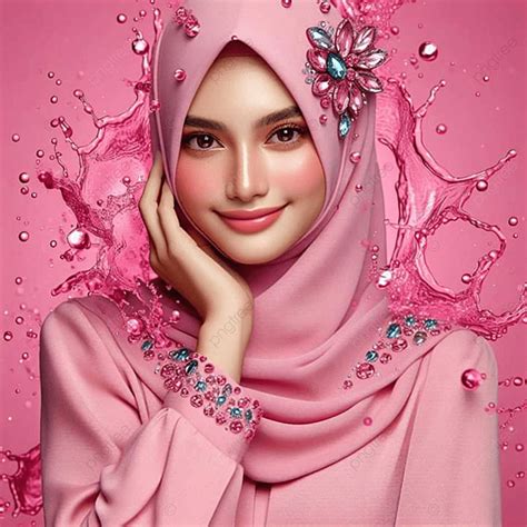 A Beautiful Woman In Pink Hijab With Water Splashing The Background A