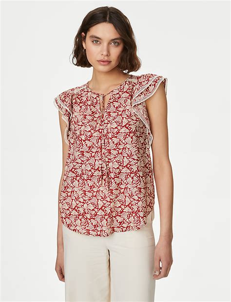 Buy Cotton Blend Printed Tie Neck Blouse At Marks Spencer