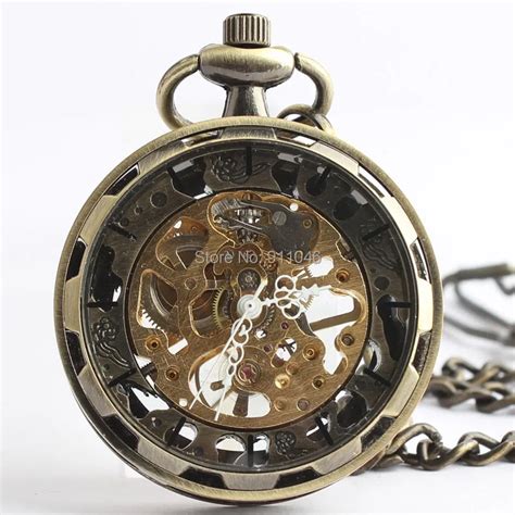 High Quality Antique Bronze Hollowed Mechanical Pocket Watch With Chain