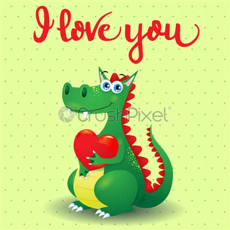 Dragon Baby Cartoon In Love Holding A Heart Cute Character Stock