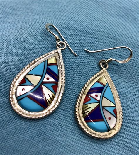 Sterling Silver Inlay Hopi Pendant And Earrings Signed Hv Etsy