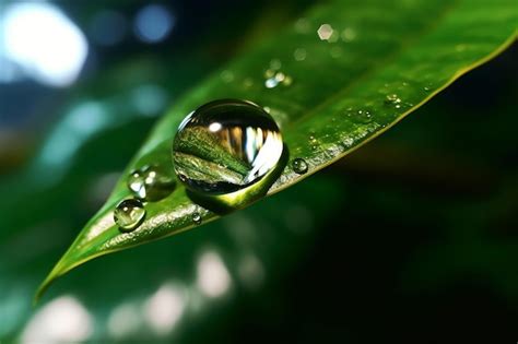 Premium AI Image | A water droplet on a leaf is reflected in the water ...