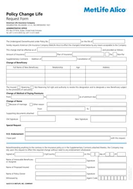 Fillable Online Metlife Policy Change Life Request Form Metlife Fax