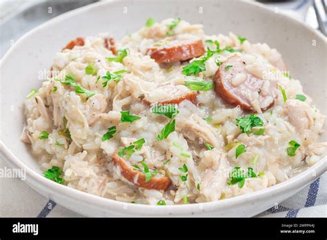 Traditional South Carolina Chicken Bog Dish With Smocked Sausages In A