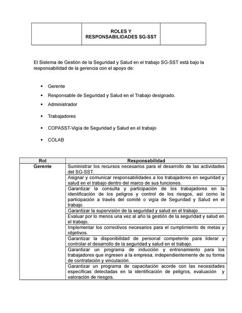 Roles Y Responsabilidades Roles Y Responsabilidades Sg Sst El Sistema