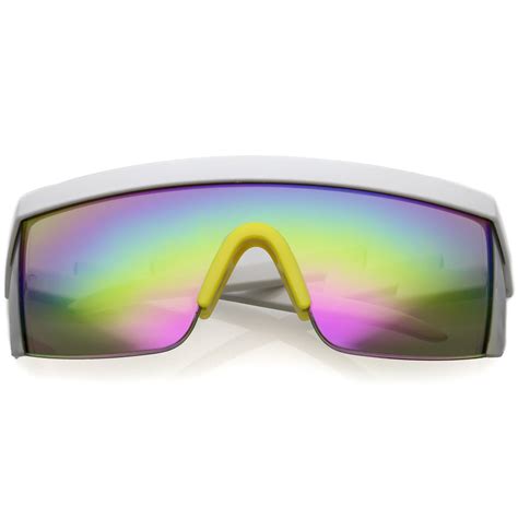 Retro Flat Top Rainbow Mirrored Goggle Shield Sunglasses Zerouv