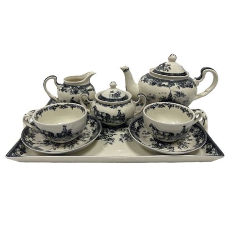 16″ Virginia Black and White Transferware Porcelain Tea Set with Tray ...