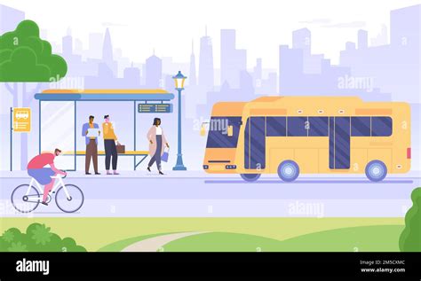 Bus Stop Flat Vector Illustration People Waiting For Bus Man Riding