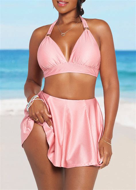 ROTITA Cut Out V Neck Light Pink Bikini Set Rotita USD 35 98