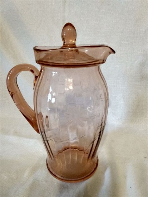 Vintage Pink Depression Glass Pitcher With Lid 7 5 Cup Capacity Etched Flowers Etsy