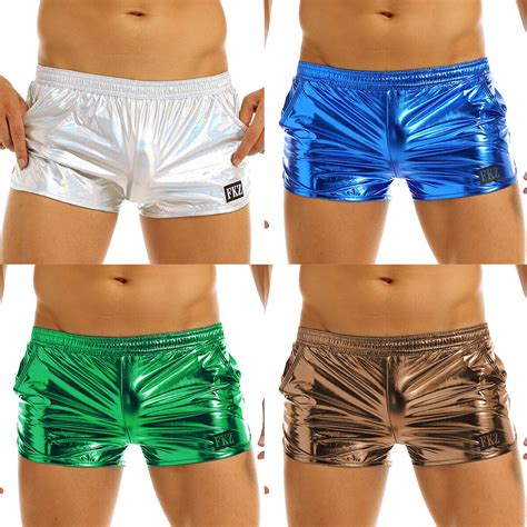 Men Shiny Metallic Boxer Briefs Booty Shorts Low Rise Trunks Lounge