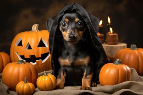 Premium Ai Image Dachshund Puppy In A Black Halloween Costume With