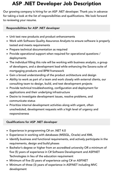 Asp Net Developer Job Description Velvet Jobs