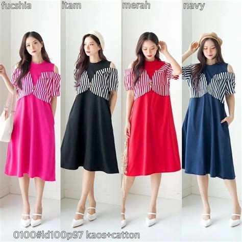 Jual 0100n Dress Terusan Midi Kaos Kombinasi Katun Sabrina 0100