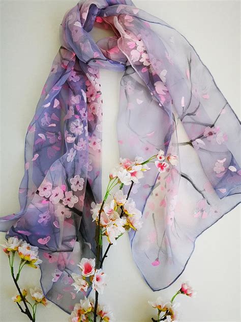 Hand Painted Cherry Blossom Silk Scarf Sakura Silk Chiffon Etsy