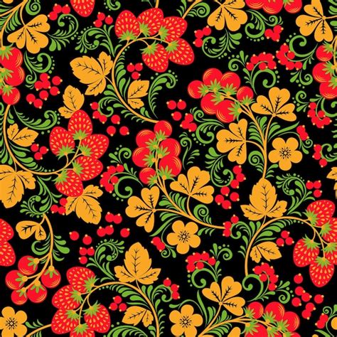 Premium Vector Khokhloma Seamless Pattern With Berries And Leaves On