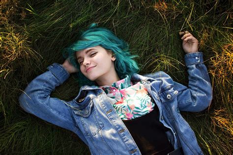 Wallpaper Women Outdoors Model Dyed Hair Closed Eyes Blue Hair