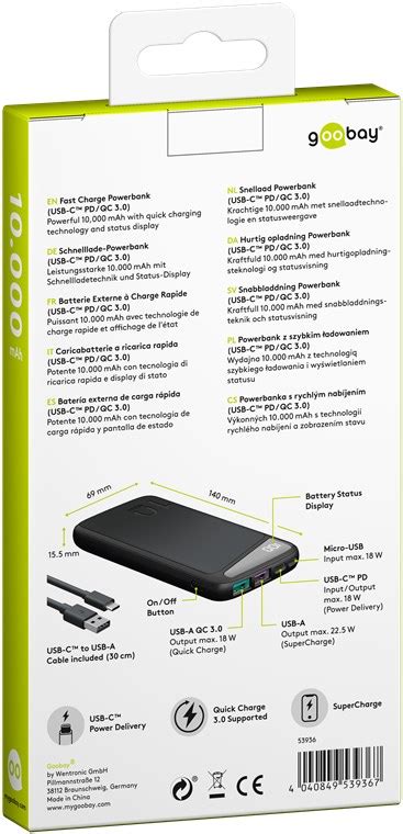 Goobay Schnelllade Powerbank 10 000 MAh USB C PD QC 3 0