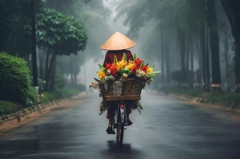 Premium Photo Vietnamese Woman In Conical Hat Selling Flowers In Rain