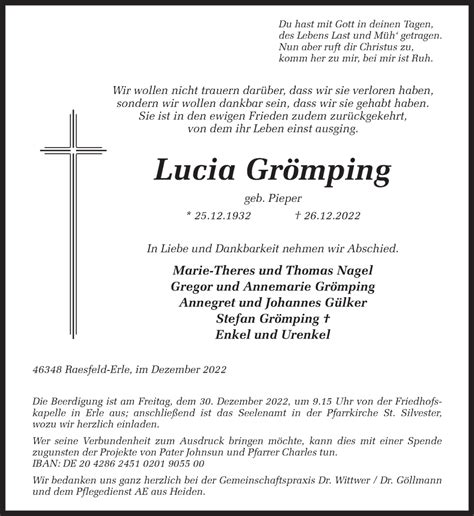 Traueranzeigen Von Lucia Gr Mping Sich Erinnern De