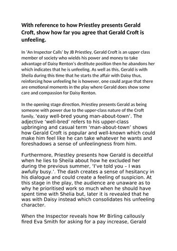 An Inspector Calls - Gerald Croft Character Example Essay | Teaching Resources