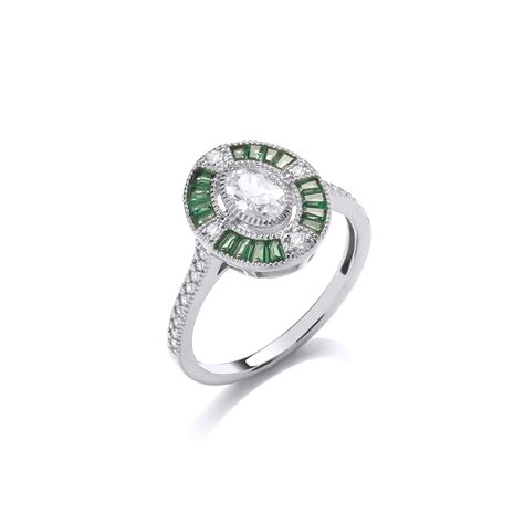 Silver Emerald Cubic Zirconia Oval Deco Ring Cavendish French