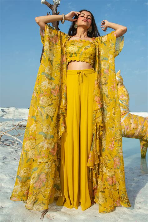 Buy Yellow Top And Jacket Organza Palazzo Georgette Printed Pant Set