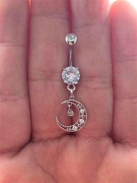 Moon Dangly Cz Belly Button Ring G Mmb S Etsy Canada Belly