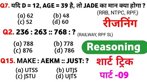 Reasoning परकटस Set09 SSC Railway UPP RPF SI NTPC CGL CHSL