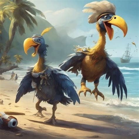 Funny Pirates Dodo Run And Flying On Beach Ai Generated Artwork