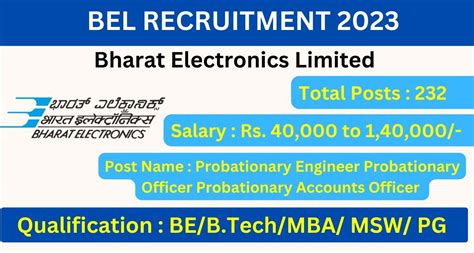 BEL Recruitment 2023 For 232 Probationary Officer Posts Notification